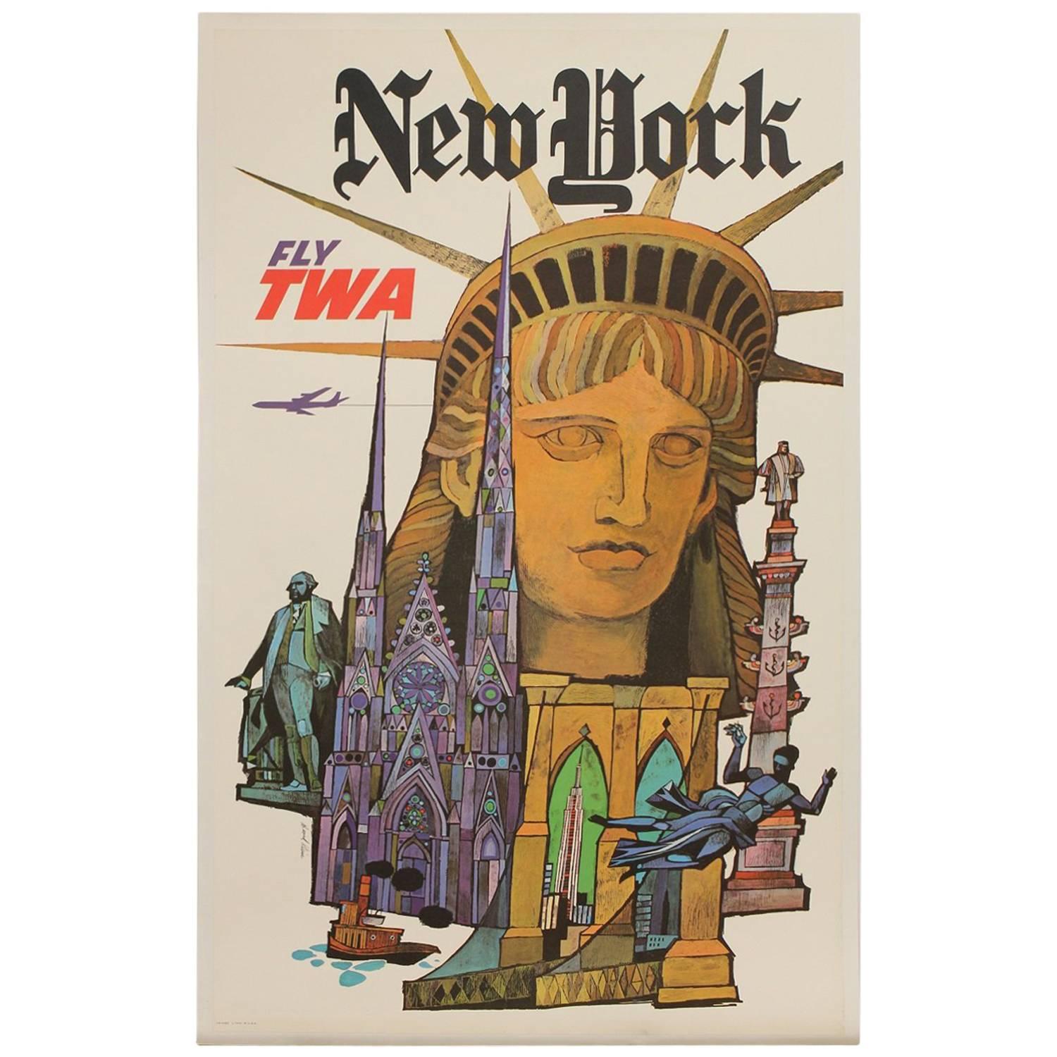 Original Large 1960s "Fly TWA New York" Poster - David Klein For Sale