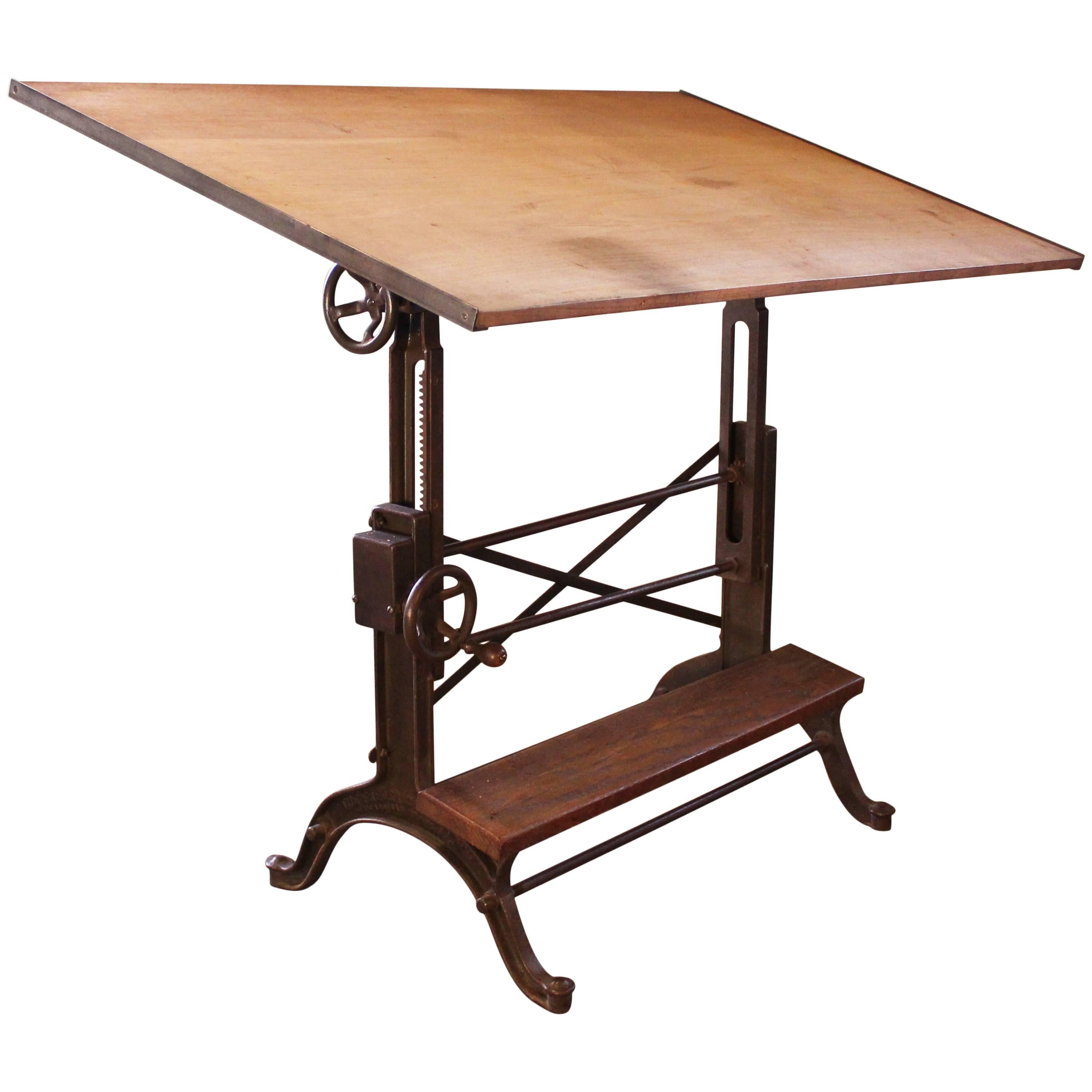 Drafting Table Vintage Industrial Cast Iron and Wood Frederick Post Adjustable 