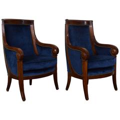 Restauration Period Pair of Walnut Upholstered Bergeres, 19th Century