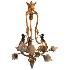 Wonderful 19th Century French Doré Bronze Cherub Rose Bud Shade Large Chandelier