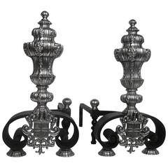 Antique Pair of Silver and Wrought Iron Andirons by E. F. Caldwell