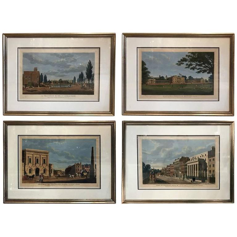 Set of Four Framed English Hand Colored Copper Engravings For Sale at