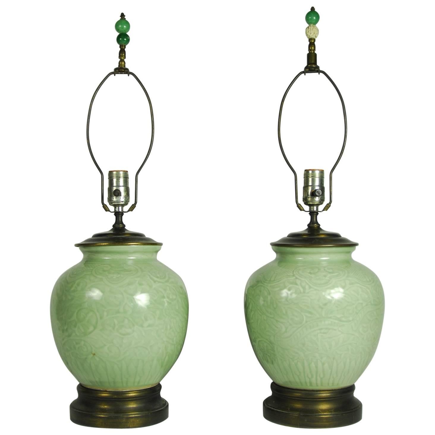 Pair of Antique, 19th Century Chinese Celadon Porcelain Ginger Jar Form Lamps For Sale