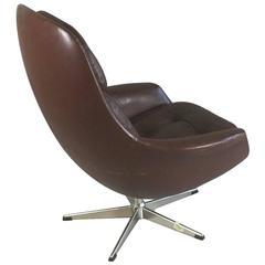 Danish 1970s Mid-Century Tan Leather Three Cushion High Backed Swivel Armchair