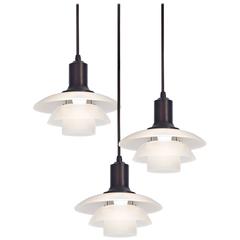 Poul Henningsen, Set of 3 Vintage Glass and Patinated Brass PH 2/2 Pendants