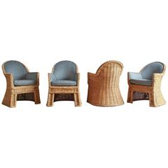 Set of Four Oversized Wicker Dining Chairs Upholstered in Reverse Denim