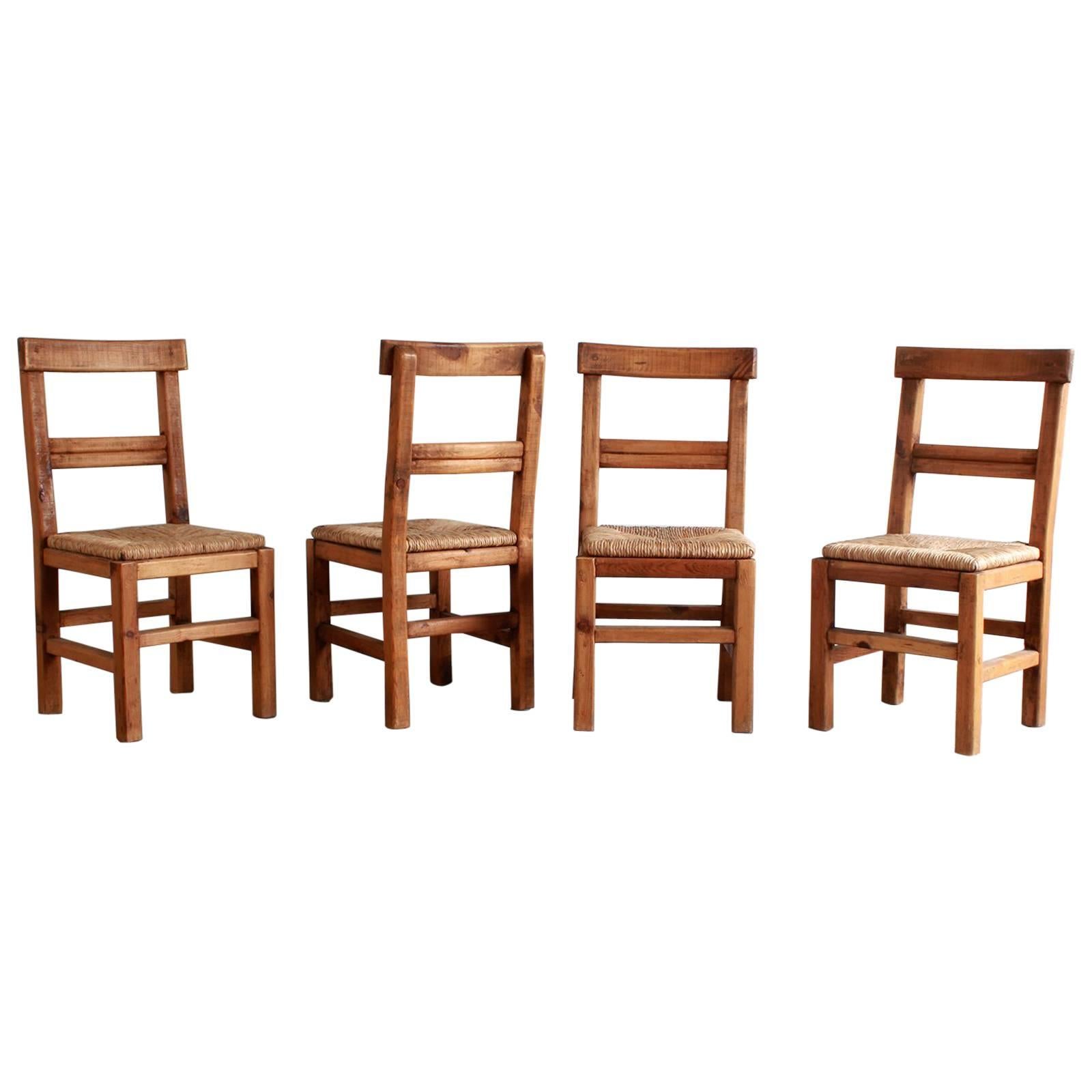 Set of Four French Dining Chairs with Rush Seat