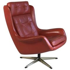 Danish 1970s Mid-Century Brown Leather Three Cushion High Backed Swivel Armchair