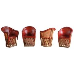 Set of Four Mexican Equipale Wood and Leather Chairs