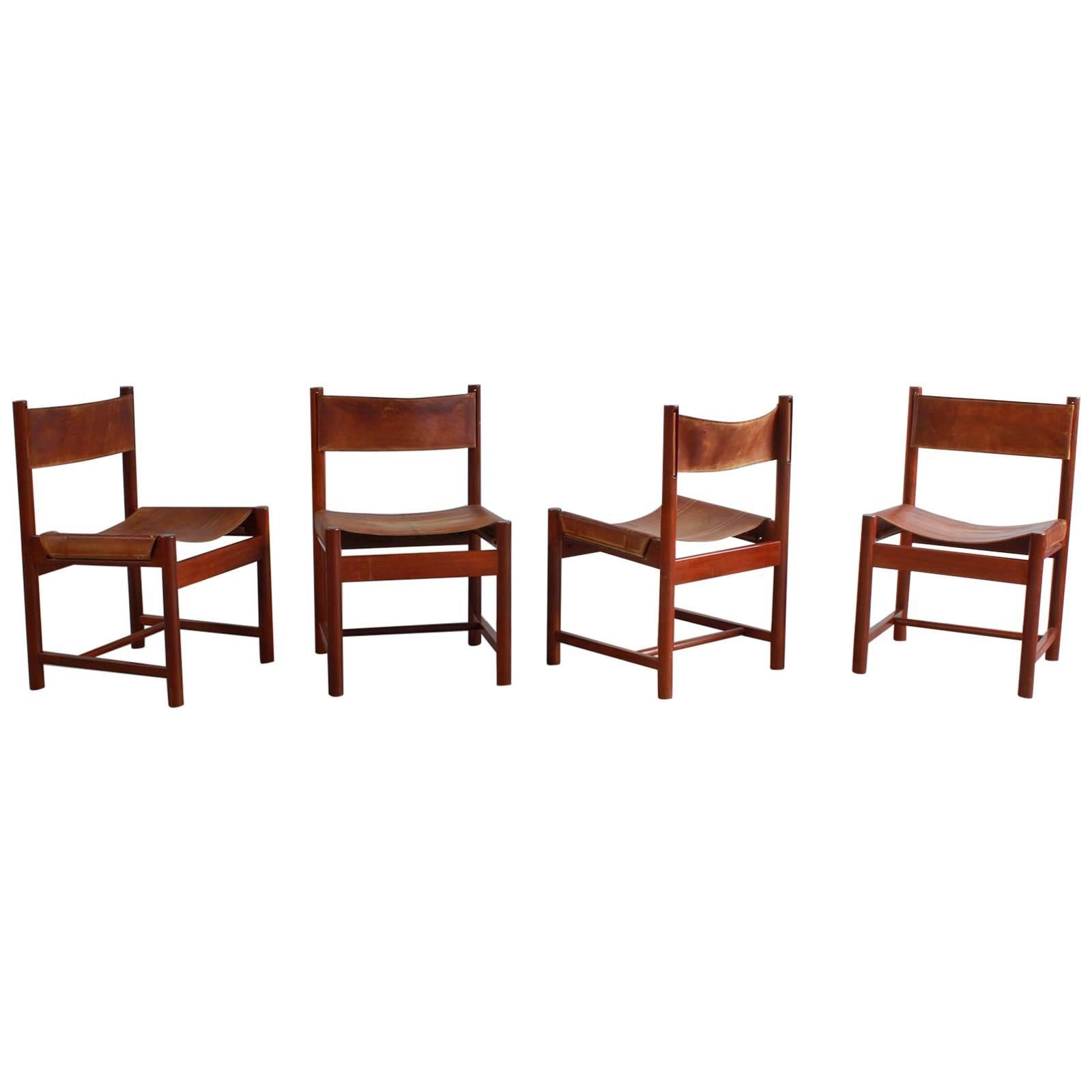 Set of Four Leather and Wood Michel Arnoult Dining Chairs