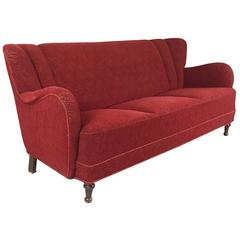 Retro Danish 1950s Three-seat sofa, with red patterned original upholstery