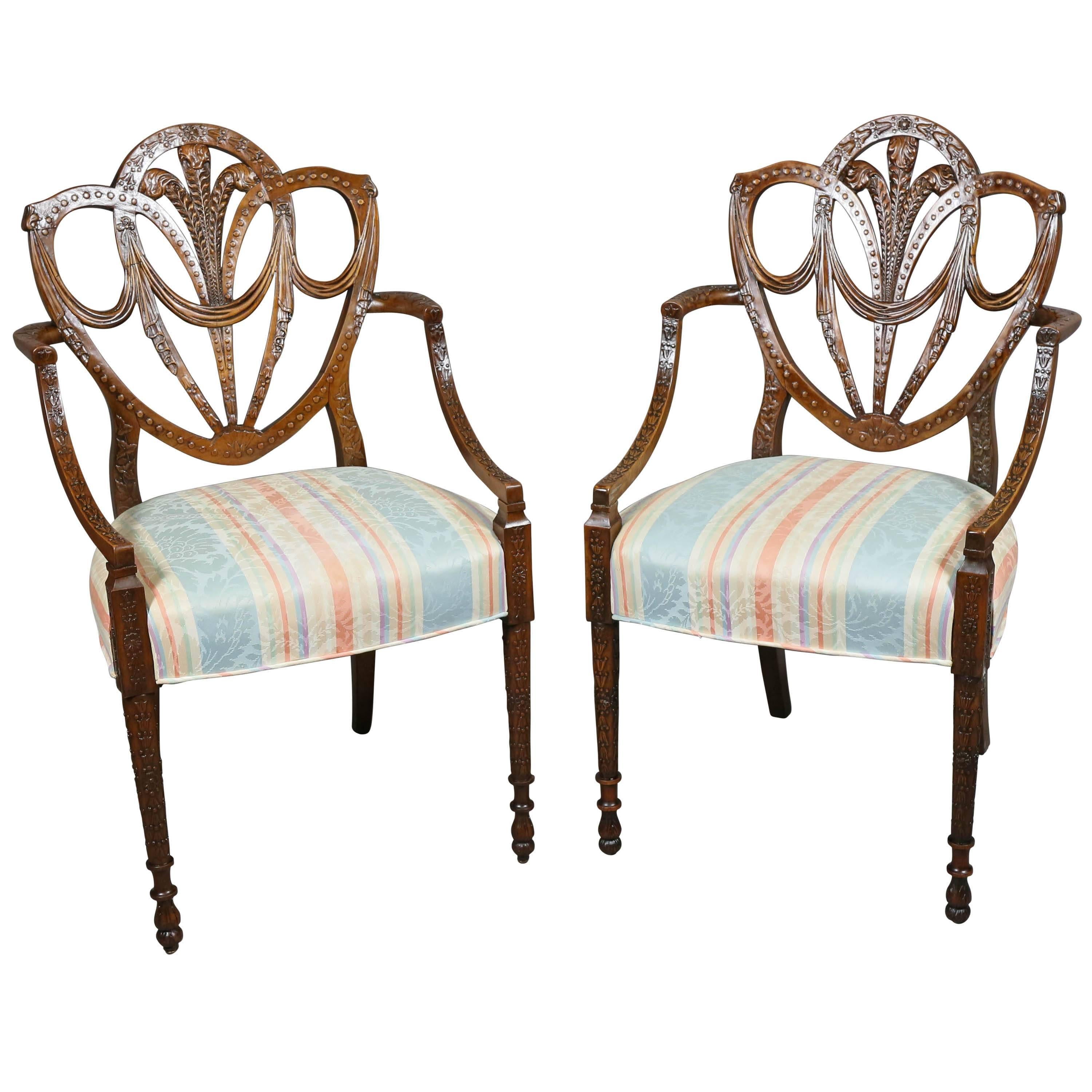 Pair of Edwardian Finely Carved Mahogany Armchairs