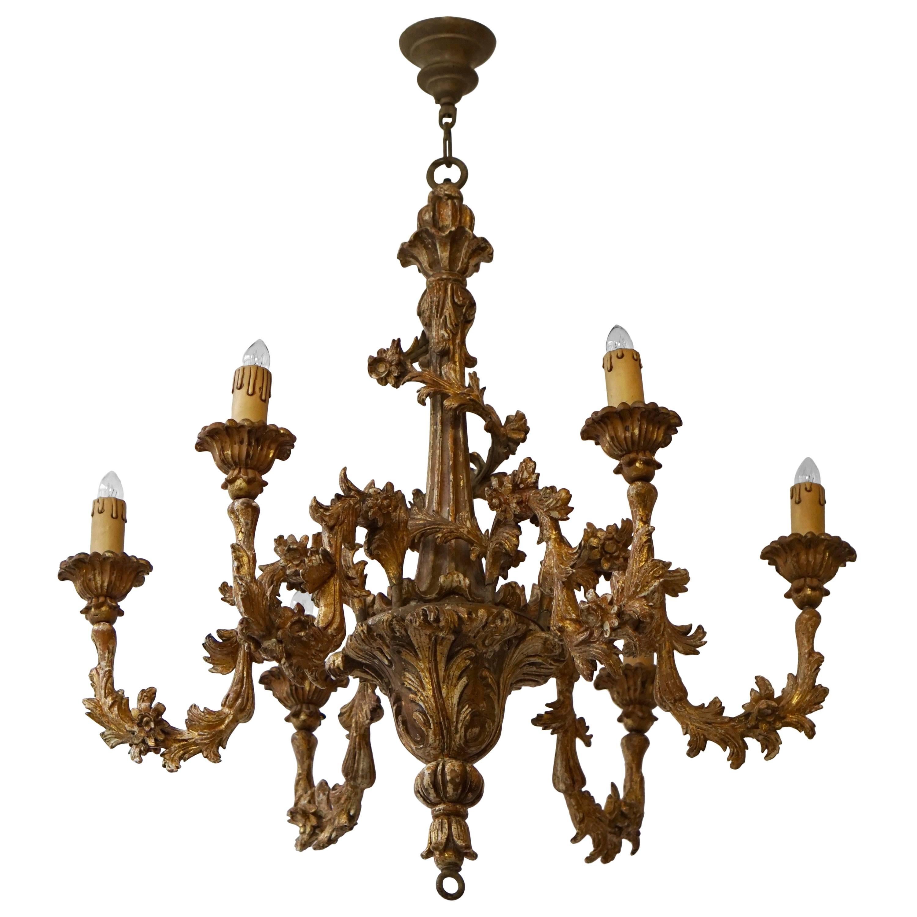 Italian Carved Giltwood Six-Light Chandelier