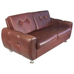 Original Danish 1970s Mid-Century Two-Seater Brown Leather Sofa