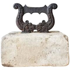 19th Century Lyre Form Cast Iron Boot Scrape on a Gorgeous Hunk of Limestone