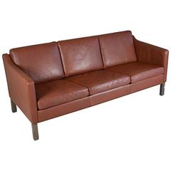 Retro Børge Mogensen Style three-Seat Brown Leather Sofa by Polster Møbelfabrik