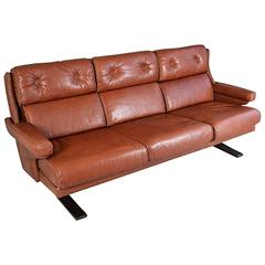 Retro Outstanding 1970s Mid-Century Danish Brown Leather Three-Seater Sofa
