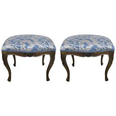 Pair of French Walnut Benches with Fortuny Upholstery