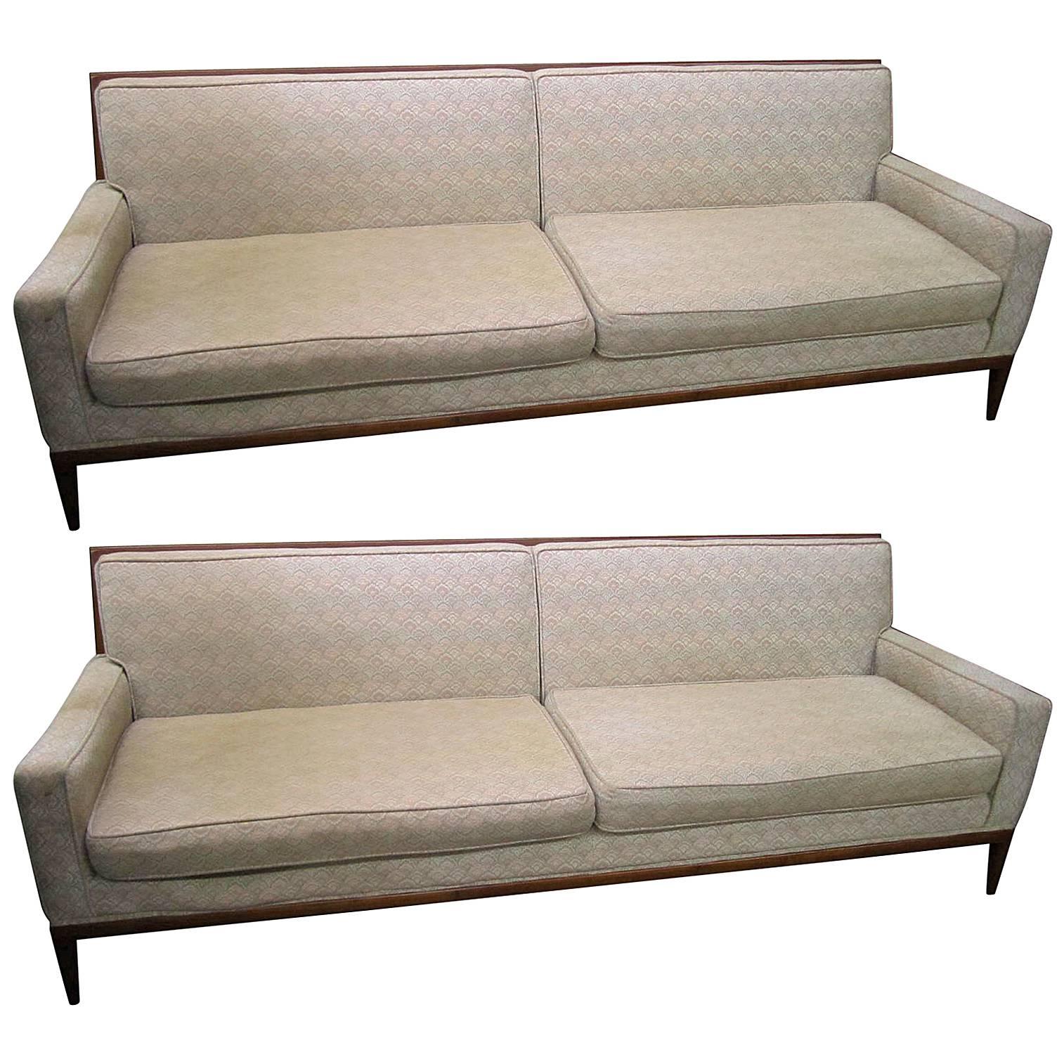 Pair of T.H. Robsjohn-Gibbings Style Walnut Framed Sofas, Mid-Century Modern