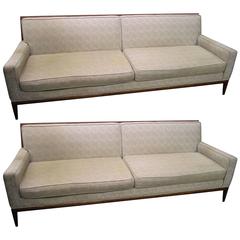 Pair of T.H. Robsjohn-Gibbings Style Walnut Framed Sofas, Mid-Century Modern