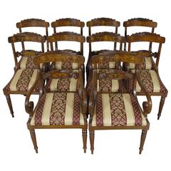 Set of Eight Walnut Inlay Regency Style Dining Chairs Chair English