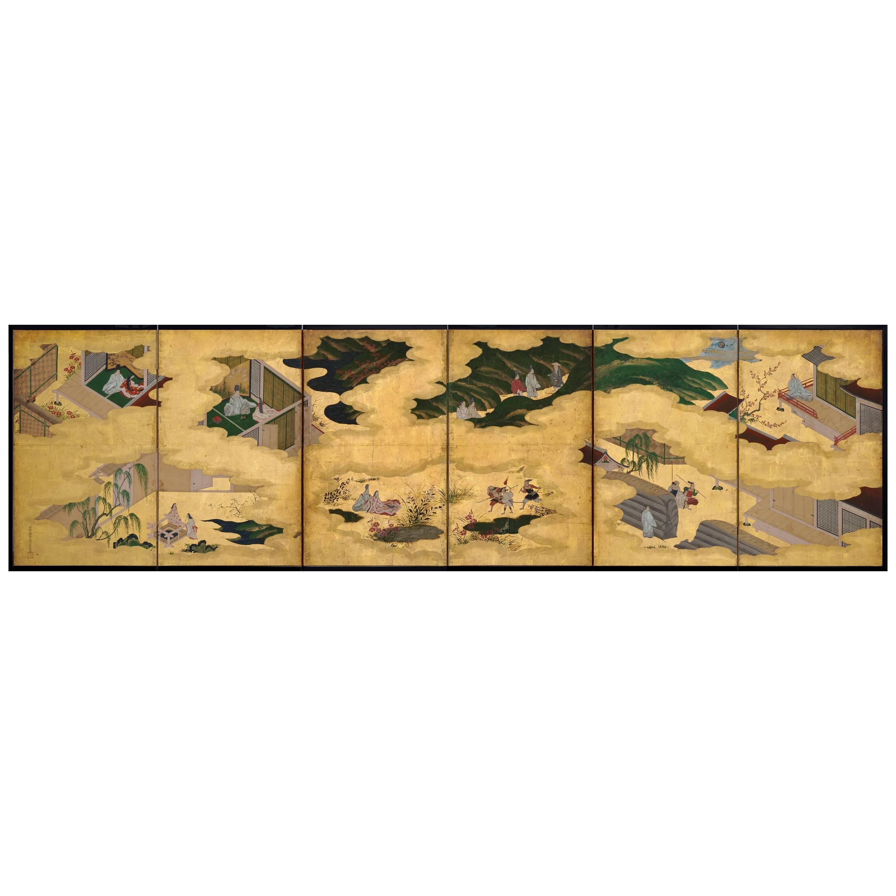 Japanese Screen Painting, Circa 1700 'Tales of Ise' by Tosa Mitsusuke