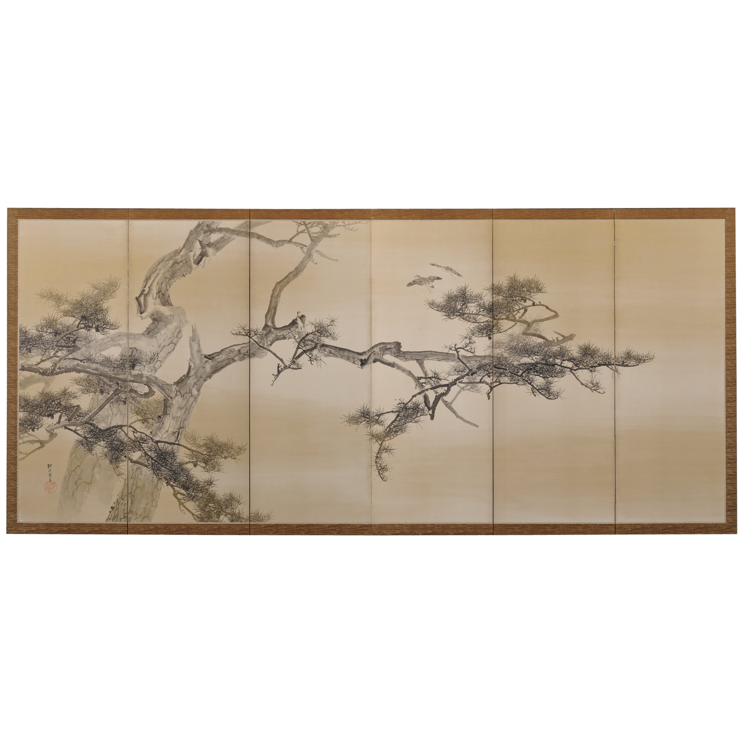 Japanese Screen Painting, Circa 1900, Pine Tree and Plovers by