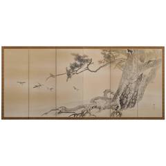 Konoshima Okoku (1877-1938), Pine & Plover, Japanese Folding Screen 8