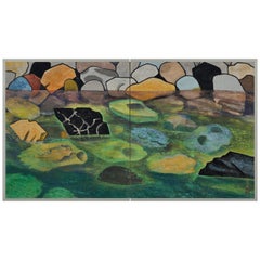 Japanese Screen Painting, Mid 20th Century, River Landscape by Hamada Taiji