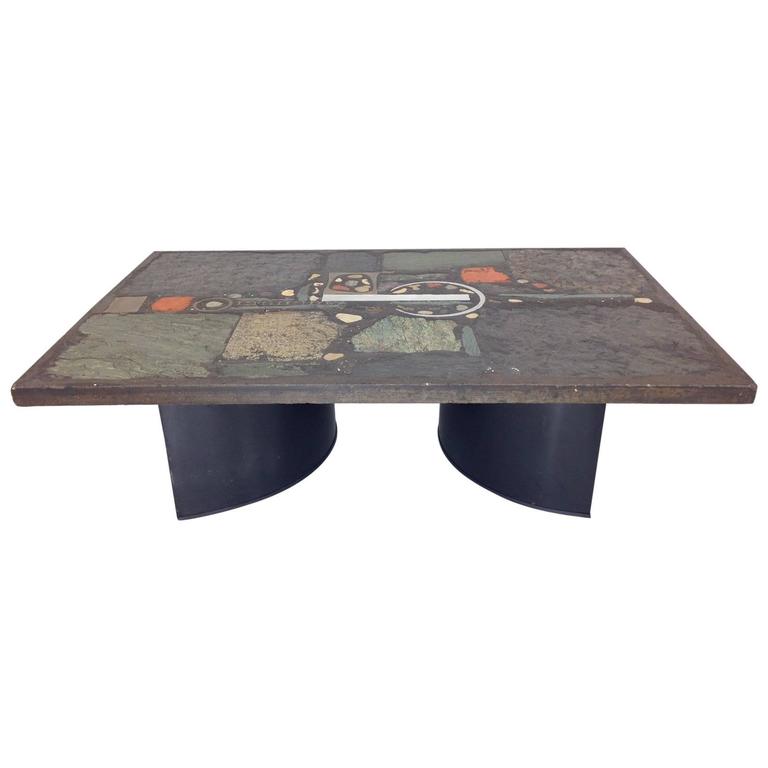 Paul Kingma Style Wrought Iron And Slate Round Coffee Table For Ceramic And Slate Coffee Table By Paul Kingma 1974