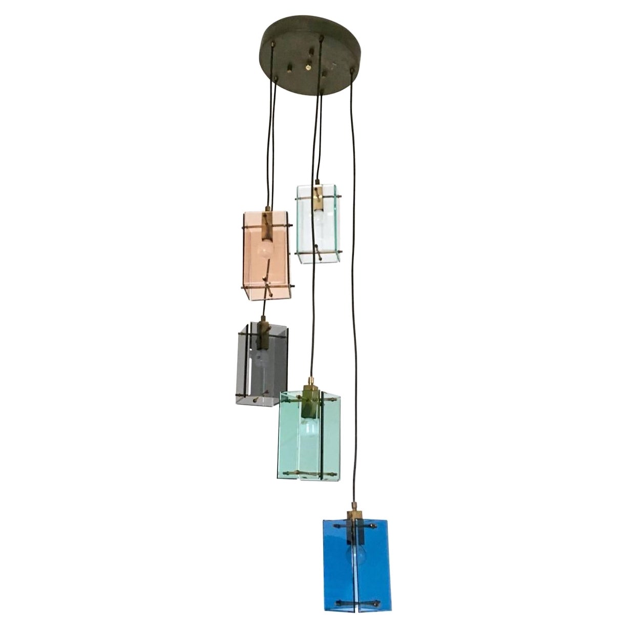 Five Light Colored Glass Brass Chandelier Pendant in the Style of Fontana Arte For Sale