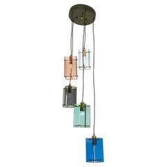 Vintage Five Light Colored Glass Brass Chandelier Pendant in the Style of Fontana Arte