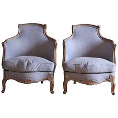 Pair of French Louis XV Style Limed Beech Bergère Armchairs, circa 1930