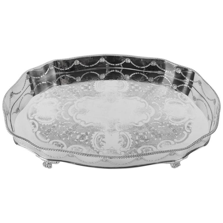 Large Vintage English Sheffield Footed Barware Tray For Sale at 1stDibs