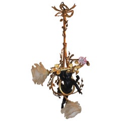 Wonderful French Bronze Bow Top Patinated Cherub Putti Porcelain Flowers Fixture
