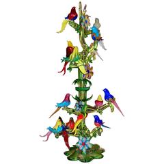 Incredible Multicolored Italian Murano Glass Sculpture of Birds on Tree Branches