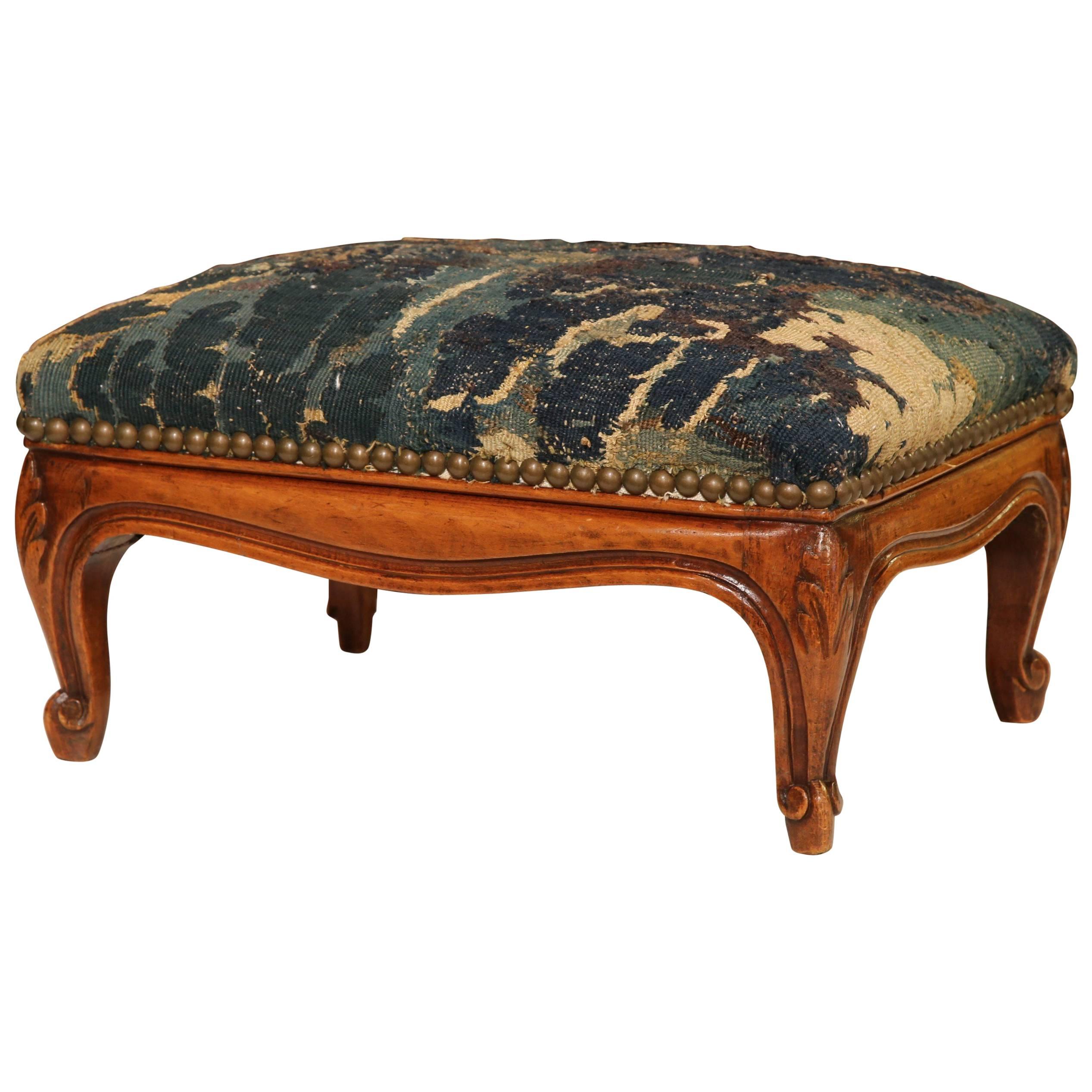 19th Century French Louis XV Carved Walnut Foot Stool with Aubusson Tapestry