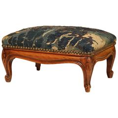 Antique 19th Century French Louis XV Carved Walnut Foot Stool with Aubusson Tapestry