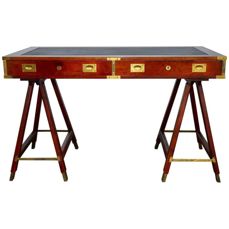 British Campaign Desk with Tooled Leather Top at 1stDibs