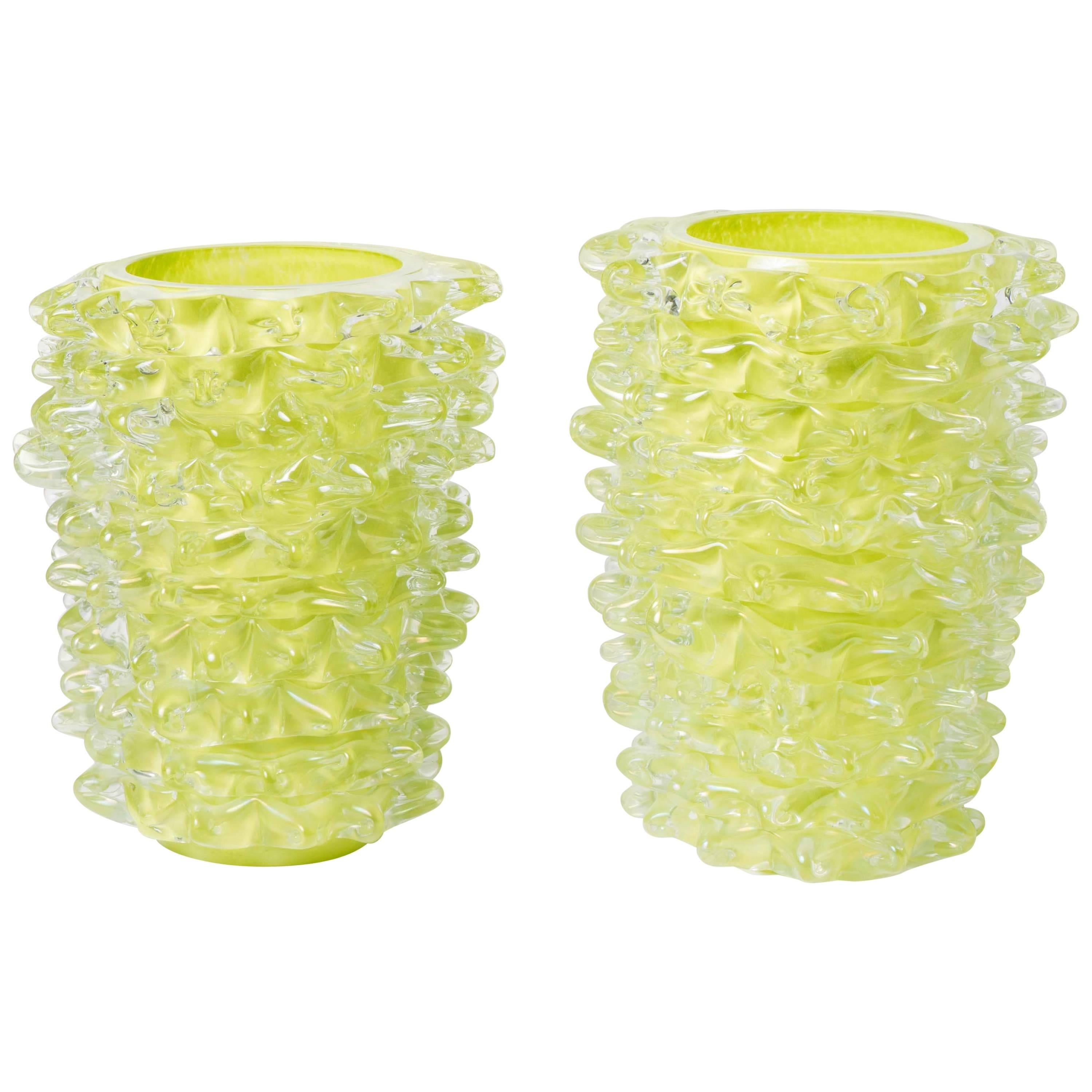 Silvano Signoretto pair of lyme green Murano glass "Rostratti" vases, Italy 2010 For Sale