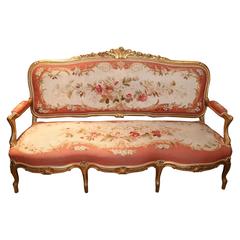 Giltwood Settee with Aubusson Upholstry; 19 Th Century, Louis XV Style