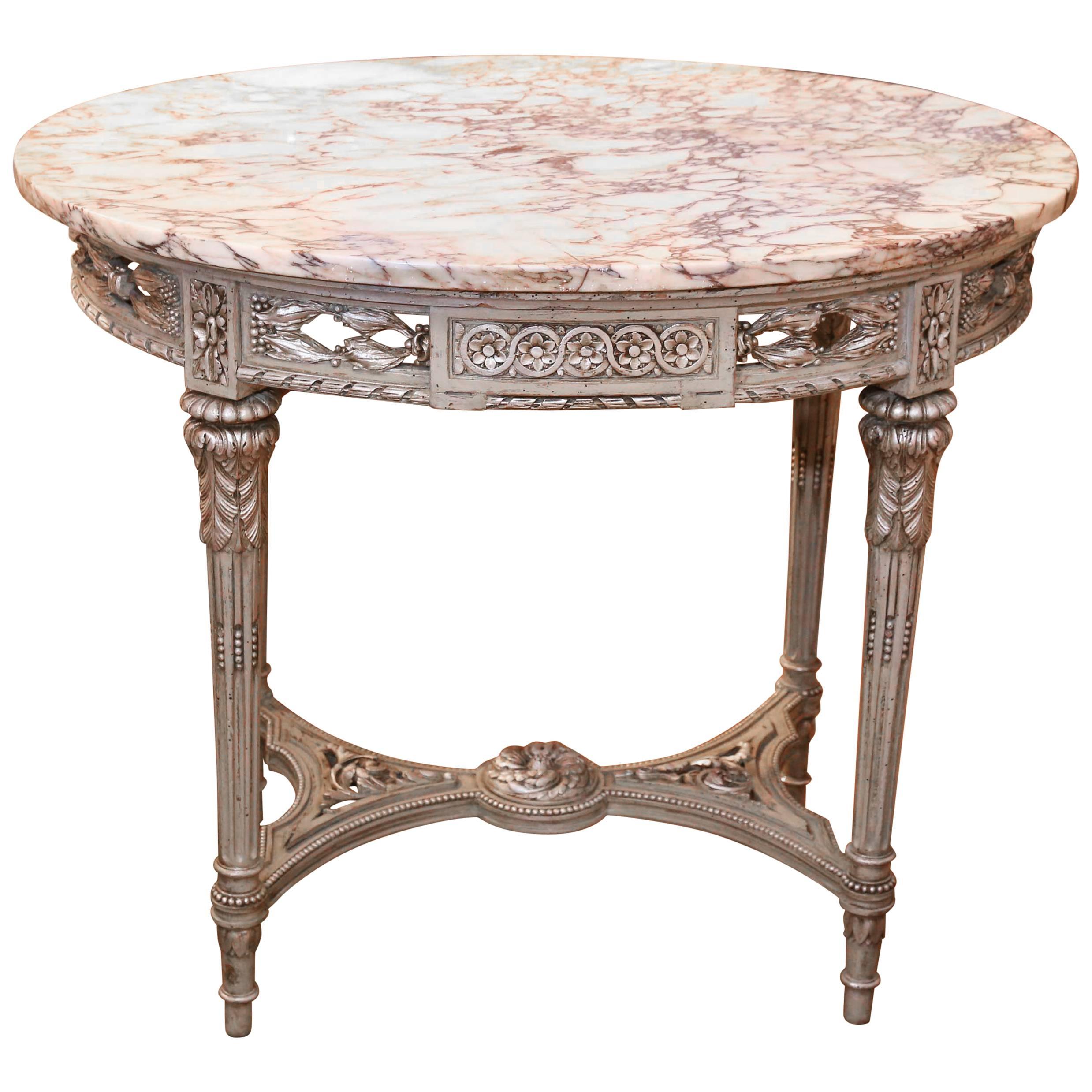 19th Century French Center Table, Painted in Gray Green/Silver Accents