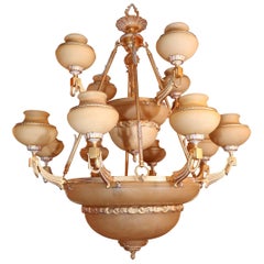 Large Palace Size Alabaster and Gilt Bronze Chandelier in Pale Amber Color