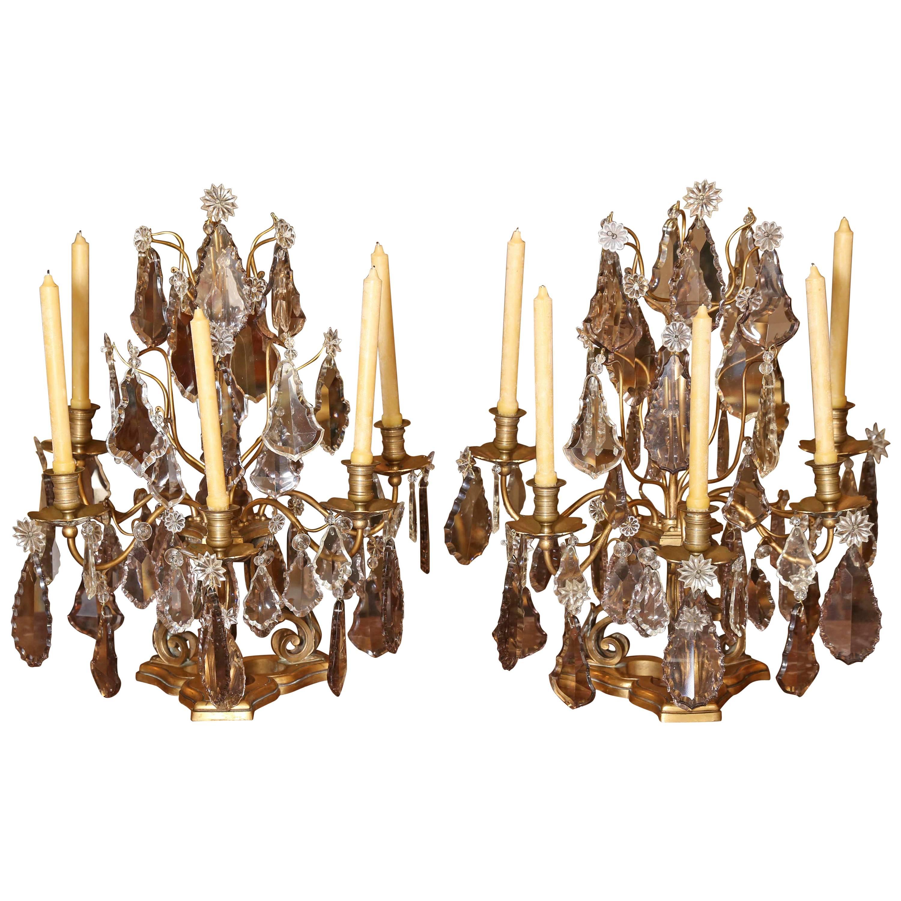 Pareja de Girondelas Antiguas Francesas con Cristal Ahumado, Transparente y Lavanda en venta