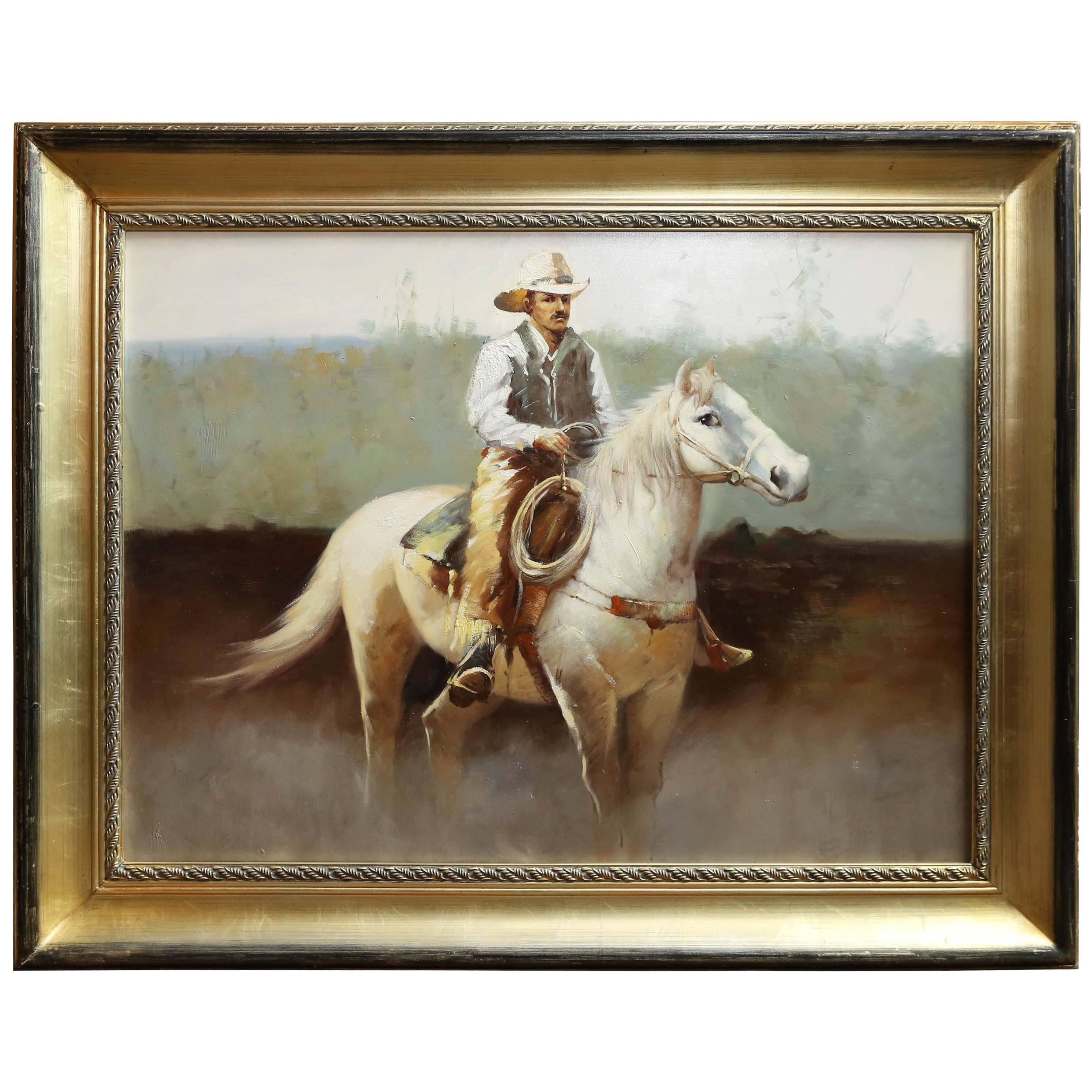 Western Oil on Canvas of a Cowboy On horse back