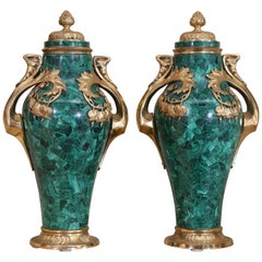 Pair of Russian Malachite Capped Urns in the Nouveau Style with Ormolu Mounts