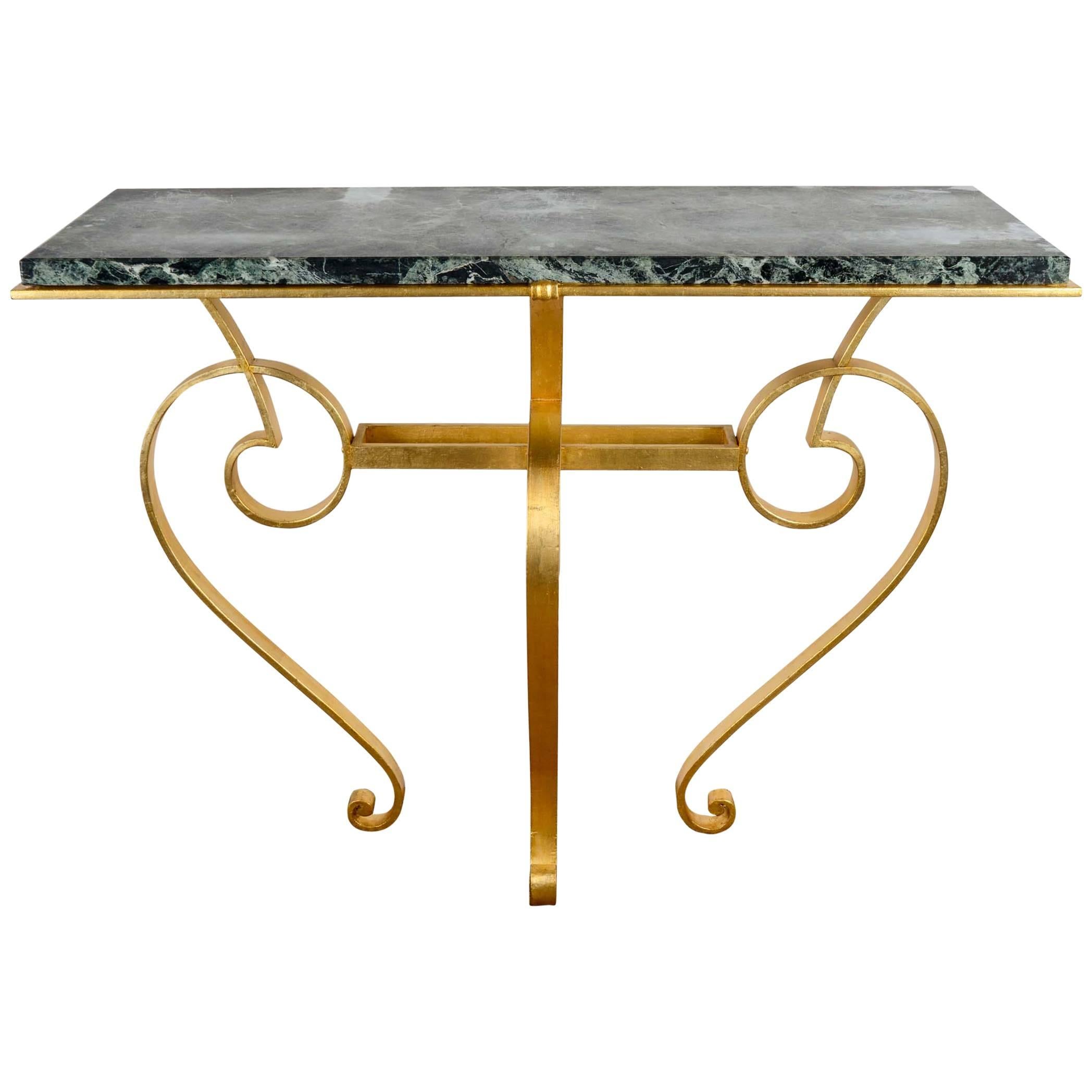 Console Table in Golded Wrought Iron with Top in Green Marble