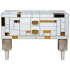 Commode in Teinted Glass, Porcelain and Brass