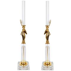 Art Deco Style Glass and Brass Lamps with Gazelle Motif 6