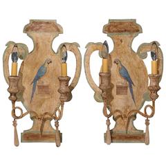 Pair of Mid-20th Century Painted Tole and Wood Two-Light Sconces with Parrots